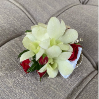 White Orchid and Red  Rose Wrist Corsage. 
